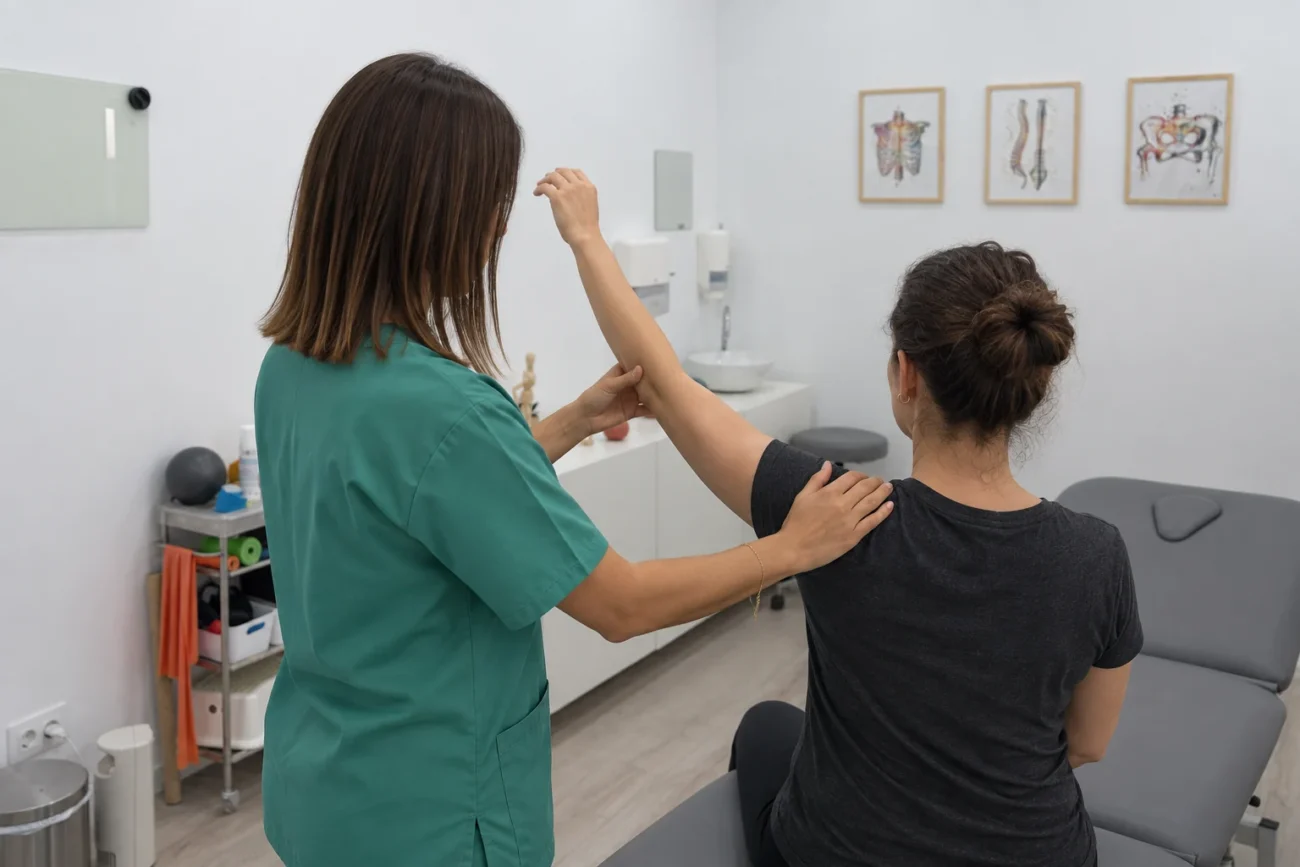 Fisioterapeuta en La Laguna valorando el hombro de una paciente