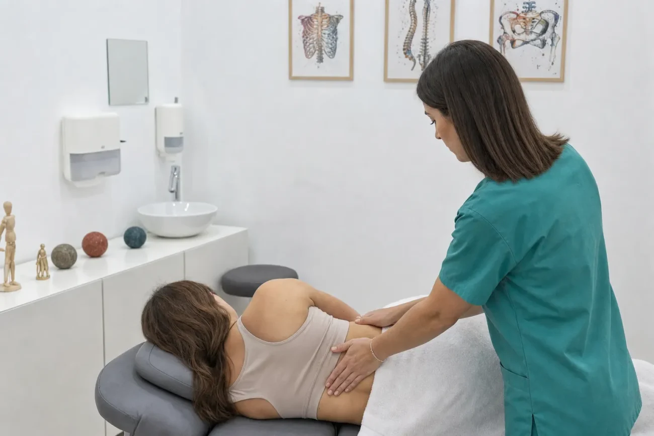 Fisioterapeuta aplicando drenaje linfático manual en el costado de una paciente tumbada de lado en la sala de tratamiento
