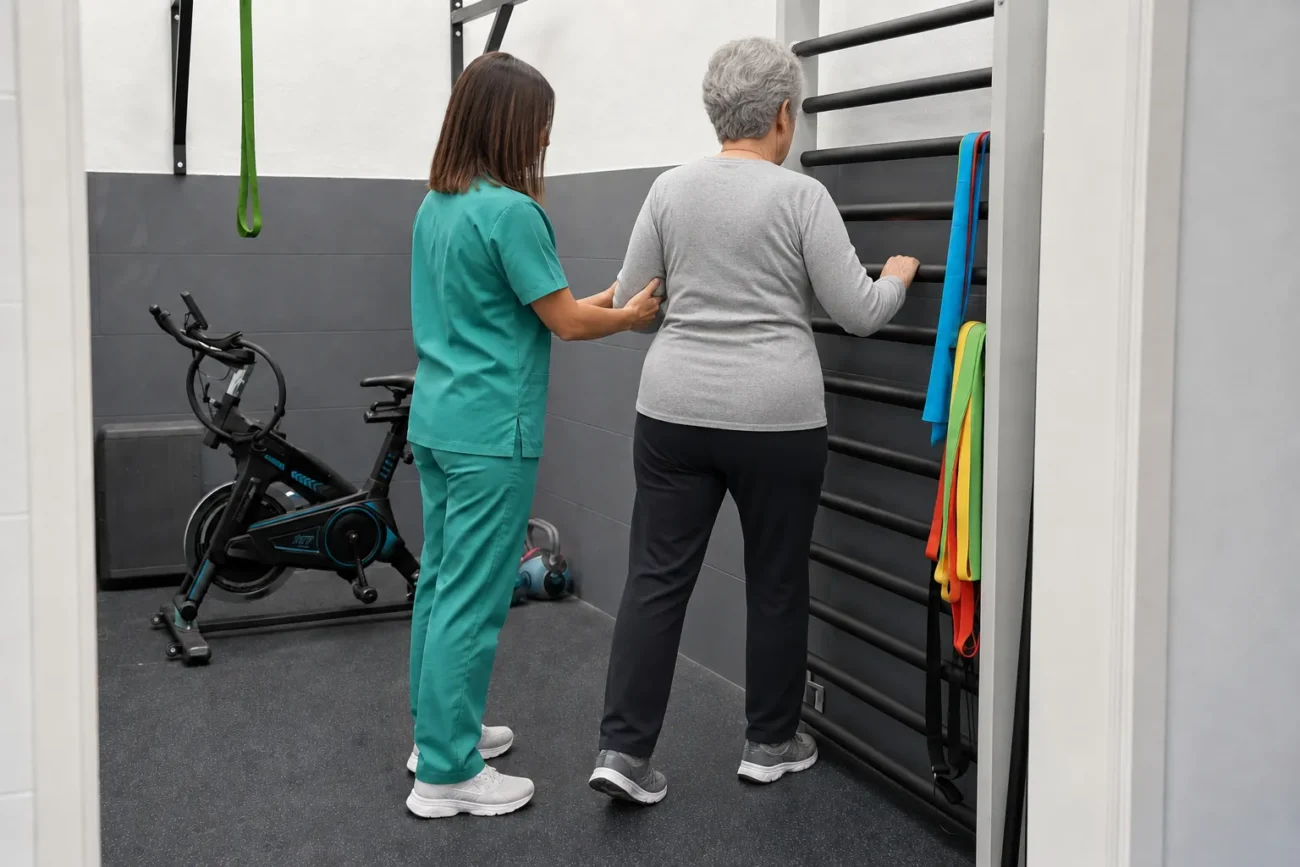 Fisioterapia geriátrica en La Laguna: ejercicio de equilibrio con fisioterapeuta en la espaldera