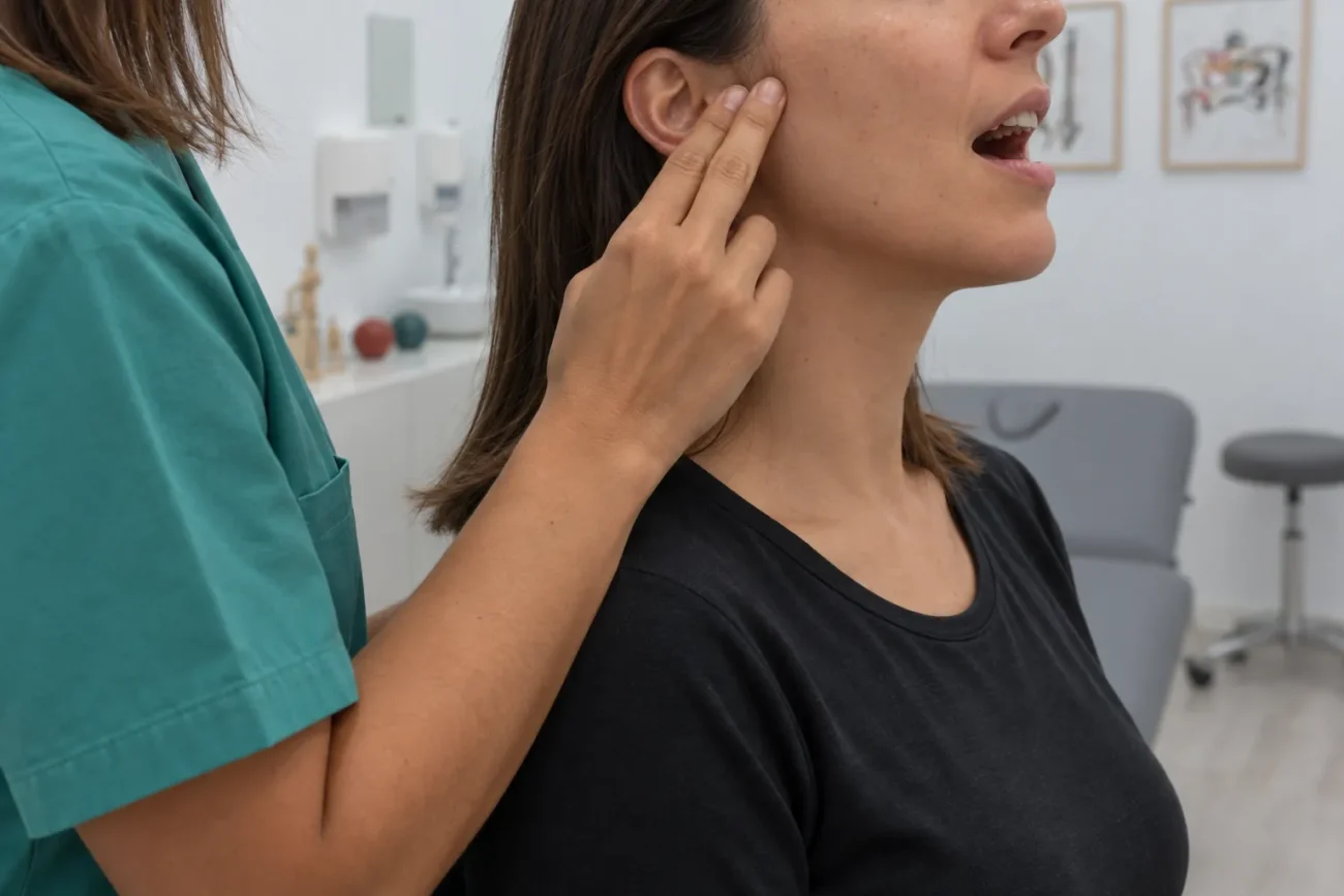 Fisioterapeuta palpando la articulación temporomandibular mientras la paciente abre la boca