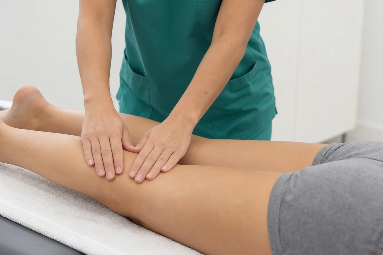 Fisioterapeuta de Therapeia24 aplicando drenaje linfático manual en el muslo de una paciente